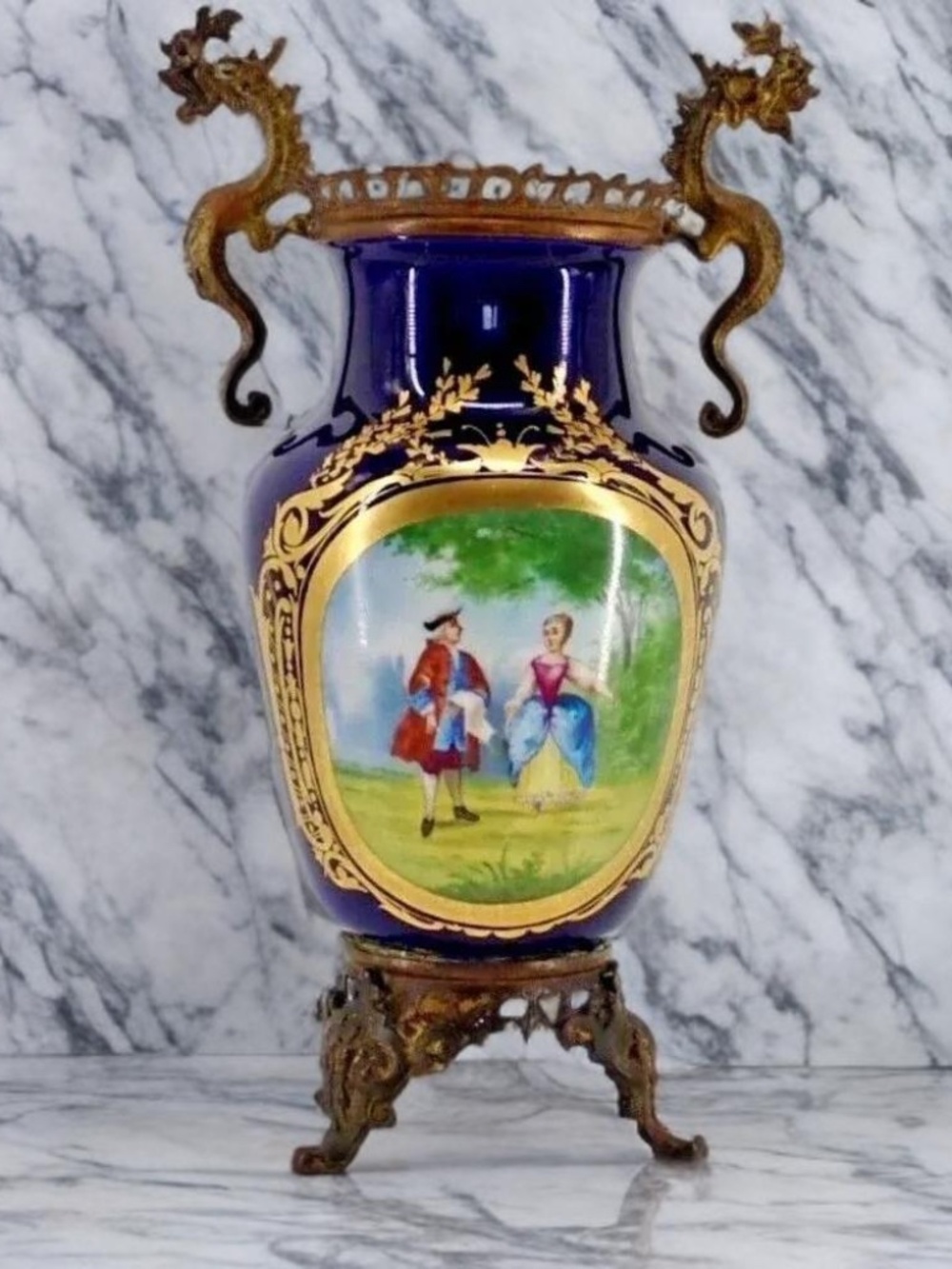 French Sevres Signed Porcelain Cobalt Blue Gilded Vase Bronze Dragon Handles 19C
